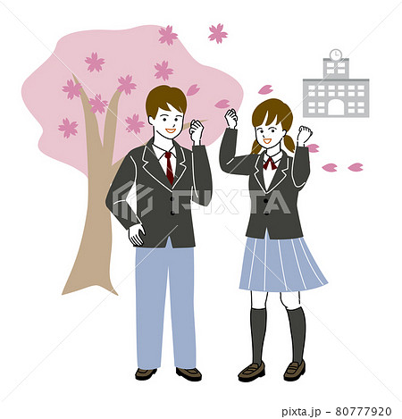 桜の木の下で入学を喜ぶ学生男女のベクターイラスト 80777920