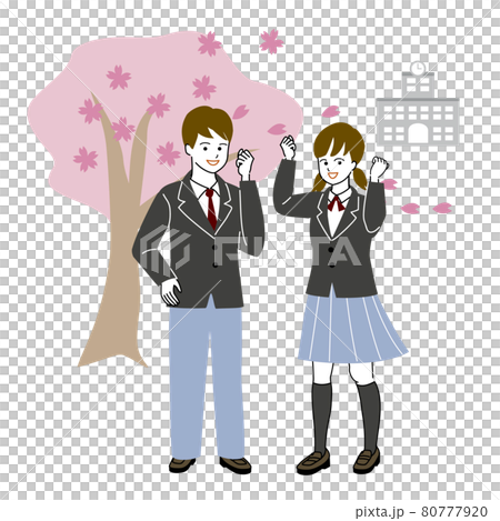 桜の木の下で入学を喜ぶ学生男女のベクターイラスト 80777920