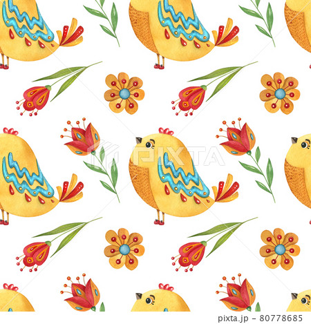 Watercolor seamless pattern with birds and flowers. Cute hand-drawn illustration for textile, scrapbooking, nursery, kids wrapping, poster, print, and child decor. Watercolor seamless pattern with birds and flowers. Cute hand-drawn illustration for textile, scrapbooking, nursery, kids wrapping, poster, print, and child decor. 80778685