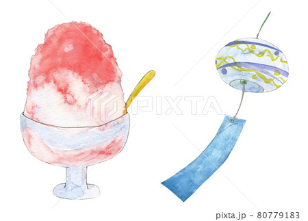 かき氷と風鈴の水彩イラスト  手描き  透明水彩 80779183