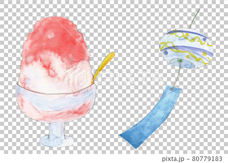 かき氷と風鈴の水彩イラスト  手描き  透明水彩 80779183