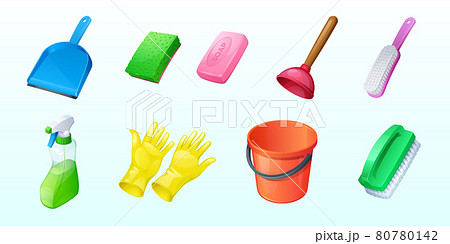 Cleaning icons with bucket, sponge and spray 80780142