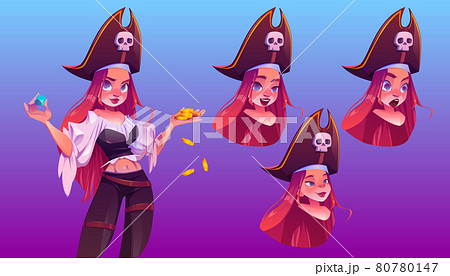 Pirate girl with treasure different face emoji 80780147