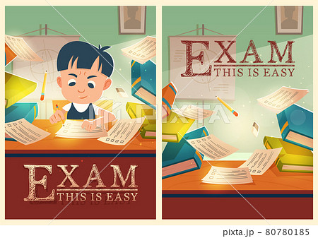 Boy solve test pass exam in school cartoon posters 80780185