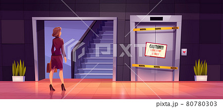 Businesswoman stand near ladder and broken lift Businesswoman stand near ladder and broken lift 80780303