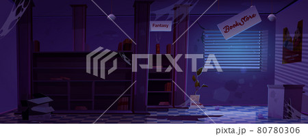 Abandoned bookstore interior at night darkness 80780306