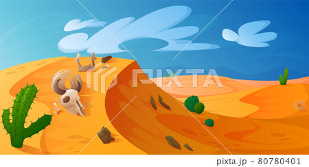 Desert dune with golden sand, animal skull, cacti 80780401