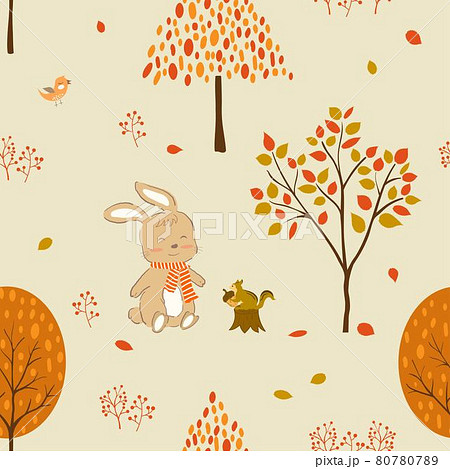 Cute rabbit and friends in autumn forest seamless pattern for fabric,textile,print or wallpaper Cute rabbit and friends in autumn forest seamless pattern for fabric,textile,print or wallpaper 80780789