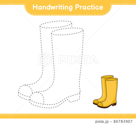 Handwriting practice. Tracing lines of Rubber Boots. Educational children game, printable worksheet, vector illustration Handwriting practice. Tracing lines of Rubber Boots. Educational children game, printable worksheet, vector illustration 80783907