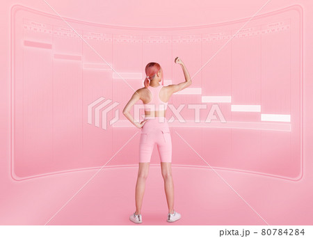 Slim Healthy Yoga Fitness woman turn rear back view and set target goal Projection Plan schedule for training and exercising to build muscle in Week Time. Full length Girl stand in Pink pastel tone 80784284