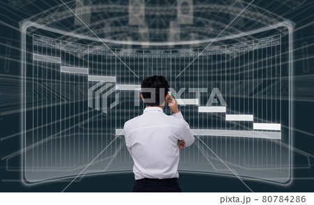 Back view of male coach in white shirt watching Schedule Week Timetable so he can plan strategy of Taekwondo, Karate, Judo fighting on projection training muscle and exercise program 80784286