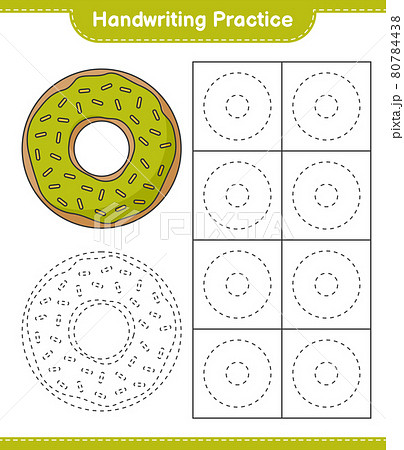 Handwriting practice. Tracing lines of Donut. Educational children game, printable worksheet, vector illustration Handwriting practice. Tracing lines of Donut. Educational children game, printable worksheet, vector illustration 80784438