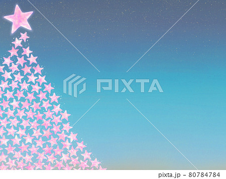 ピンク星のクリスマスツリーと明るい夜空のイラスト素材