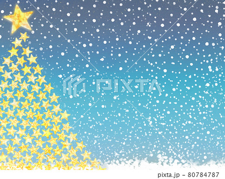 キラキラ星のクリスマスツリーと雪降る明るい夜空のイラスト素材 キラキラ星のクリスマスツリーと雪降る明るい夜空のイラスト素材