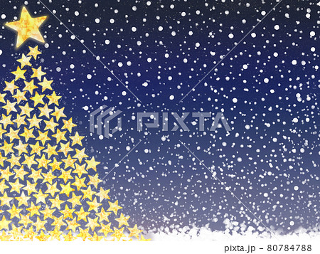 キラキラ星のクリスマスツリーと雪降るネイビーブルーの夜空のイラスト素材 キラキラ星のクリスマスツリーと雪降るネイビーブルーの夜空のイラスト素材