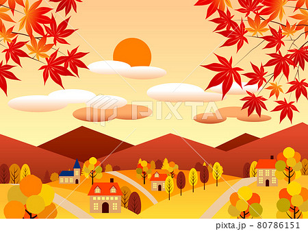 ノーマル版秋の里山背景ヨコのイラスト素材