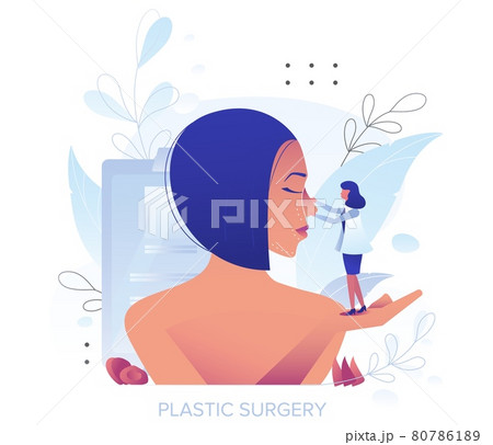 Rhinoplasty, plastic surgery. Doctor improving female face beauty changing nose shape, vector illustration. Nose job. Rhinoplasty, plastic surgery. Doctor improving female face beauty changing nose shape, vector illustration. Nose job. 80786189