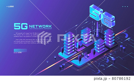 5G network website banner design template. High speed data transfer. Smart city. Isometric neon vector illustration. 5G network website banner design template. High speed data transfer. Smart city. Isometric neon vector illustration. 80786192