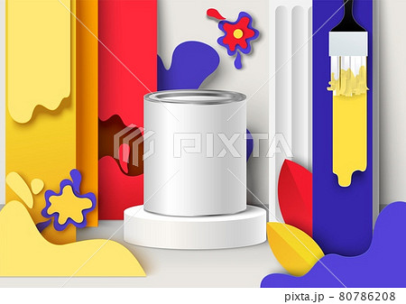 Paint packaging can, container mockup on podium, paper cut color paintbrush strokes background, vector illustration. Paint packaging can, container mockup on podium, paper cut color paintbrush strokes background, vector illustration. 80786208