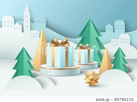 Gift box with golden ribbon bow on podium, paper cut winter background. Happy New Year, Merry Christmas ads, vector 80786210