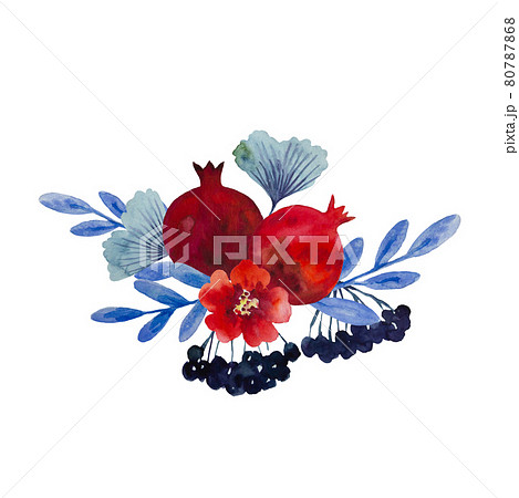 Original watercolor compositionof garnet flowers and pomegranate fruits for decor, wedding invitations, birthday cards Original watercolor compositionof garnet flowers and pomegranate fruits for decor, wedding invitations, birthday cards 80787868
