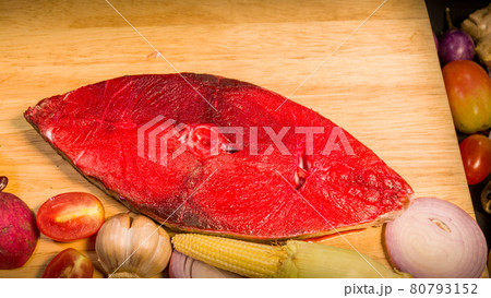 top view Fresh fish fillet on a cutting board. 80793152
