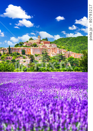 Provence, France - Banon hilltop village and lavender field Provence, France - Banon hilltop village and lavender field 80793217
