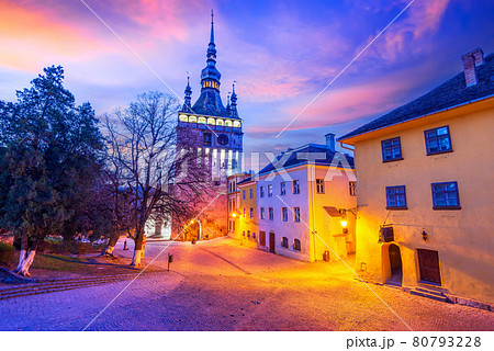 Sighisoara, Romania - Morning light with Clock Tower, travel in Transylvania. Sighisoara, Romania - Morning light with Clock Tower, travel in Transylvania. 80793228