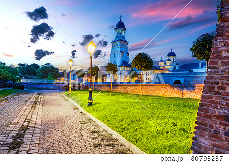 Alba Iulia, Romania - Transylvania, Alba Carolina and Romanian Cathedral at night. 80793237