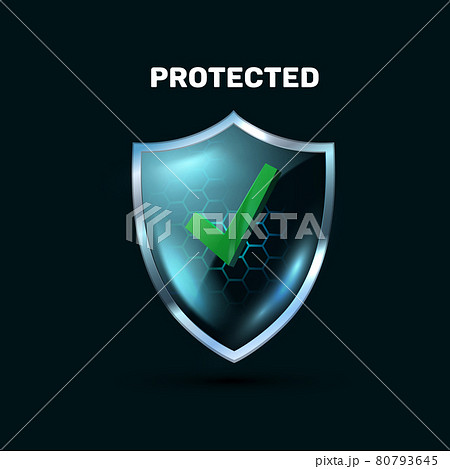 Transparent blue glass shield with force field realistic 3d icon on black background. Transparent blue glass shield with force field realistic 3d icon on black background. 80793645