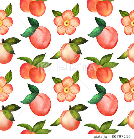 Illustration digital watercolor seamless pattern of peach and flowers on a white backgrounds Illustration digital watercolor seamless pattern of peach and flowers on a white backgrounds 80797216