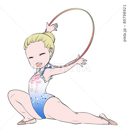 満面の笑顔でフープの演技をする白人系の女子新体操選手のイラスト素材