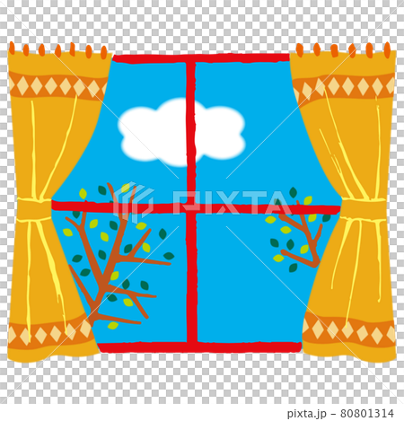 One window with a curtain overlooking one cloud and two trees One window with a curtain overlooking one cloud and two trees 80801314