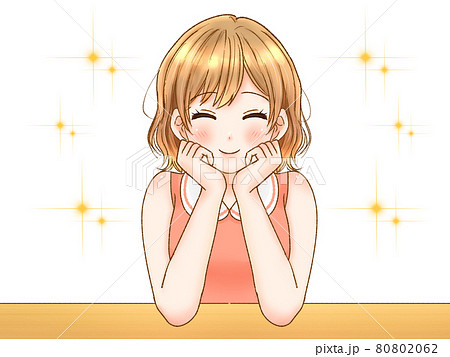頬杖をついた上機嫌な女性のイラスト素材のイラスト素材