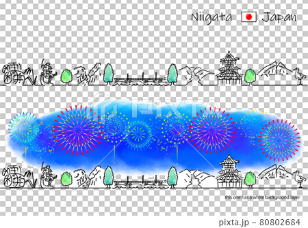 新潟県の観光地の街並みと花火のシンプル線画セット 80802684