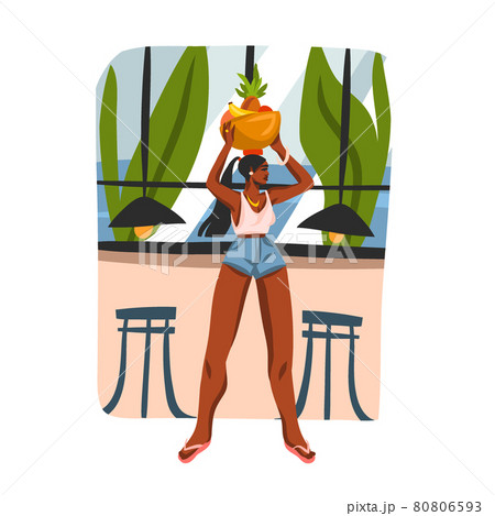 Hand drawn vector abstract stock graphic illustration with young happy black afro american beauty female, carries a basket of fruit on his head in urban cafe isolated on white background. 80806593