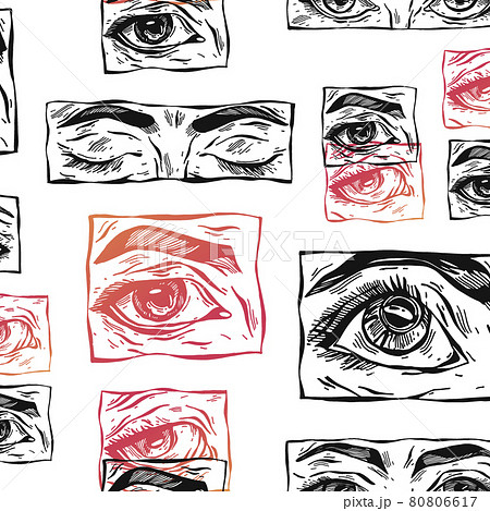 Hand drawn vector abstract flat stock graphic icon illustration sketch seamless pattern with female mystic eyes and simple textured collage shapes isolated on white background Hand drawn vector abstract flat stock graphic icon illustration sketch seamless pattern with female mystic eyes and simple textured collage shapes isolated on white background 80806617