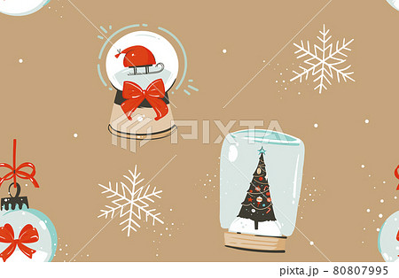 Hand drawn vector abstract fun stock flat Merry Christmas,and Happy New Year time cartoon festive seamless pattern with cute illustrations of Xmas snow globe and Santa isolated on color background 80807995