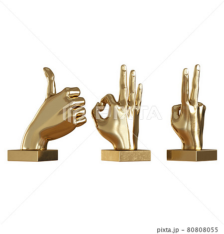 Three decorative figures of hands with different gestures on a white background. Back view. 3d rendering 80808055