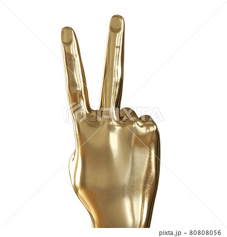 Golden hand with two fingers raised up on a white background. Closeup. Back view. 3d rendering 80808056