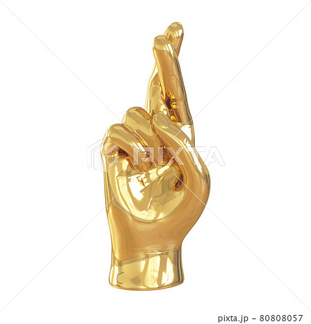 Golden figurine of a hand with crossed fingers on a white background. Front view. 3d rendering 80808057