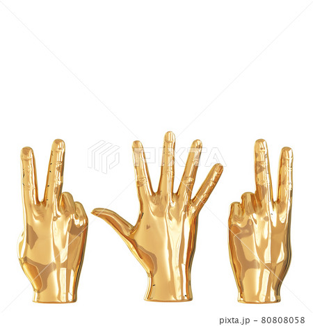 Three golden figures of hands showing different gestures on a white background. Back view. Copyspace. 3d rendering 80808058
