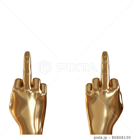 Two golden hands with a raised up middle finger against a white background. Copyspace. 3d rendering 80808130
