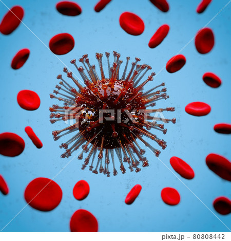 Red coronavirus covide 19 and around a blood cell. Artistic effect on a blue background. 3D rendering 80808442