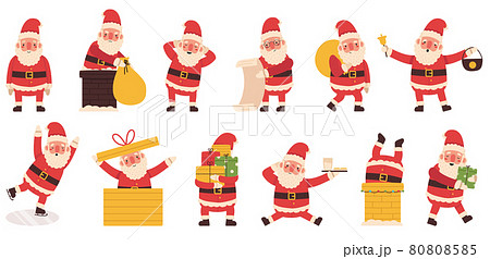 Santa Claus Christmas winter holiday cute character. Santa mascots carrying gifts, skates, climbs chimney vector illustration set. Xmas funny Santa Claus characters 80808585