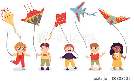 Cartoon kids playing with paper flying kites toys. Boys and girls summer outdoor activity vector illustration. Children flying paper kite games 80808586
