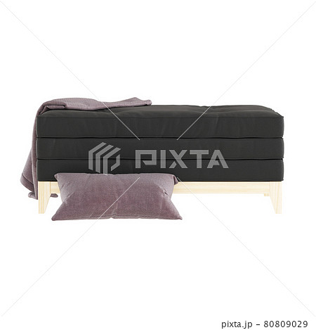 Black leather upholstered bench on an isolated background with pillows and plaid on front view. 3d rendering 80809029