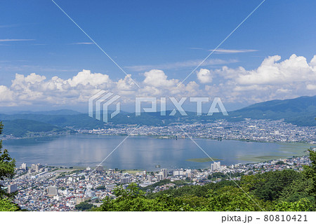 長野県諏訪市 諏訪湖の俯瞰画像 の写真素材