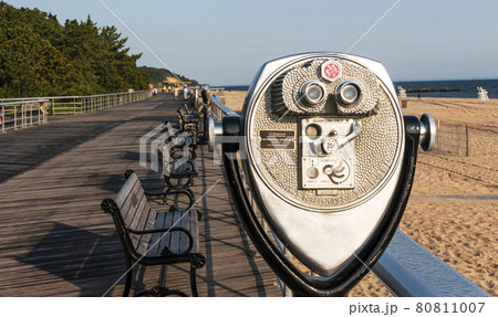 Coin operated binoculars looking west on Sunken Meadow State Parks boardwalk 80811007