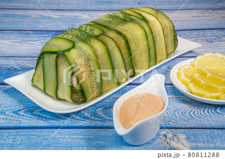 Recipe of marbled vegetables, salmon and langoustines, terrine salmon vegetables and langoustines 80811288